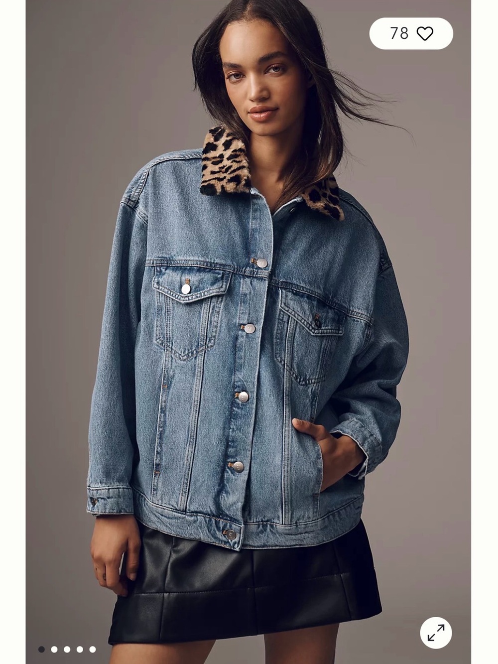 Anthropologie Pilcro Weston Denim Boyfriend Jacket Leopard Collar XS